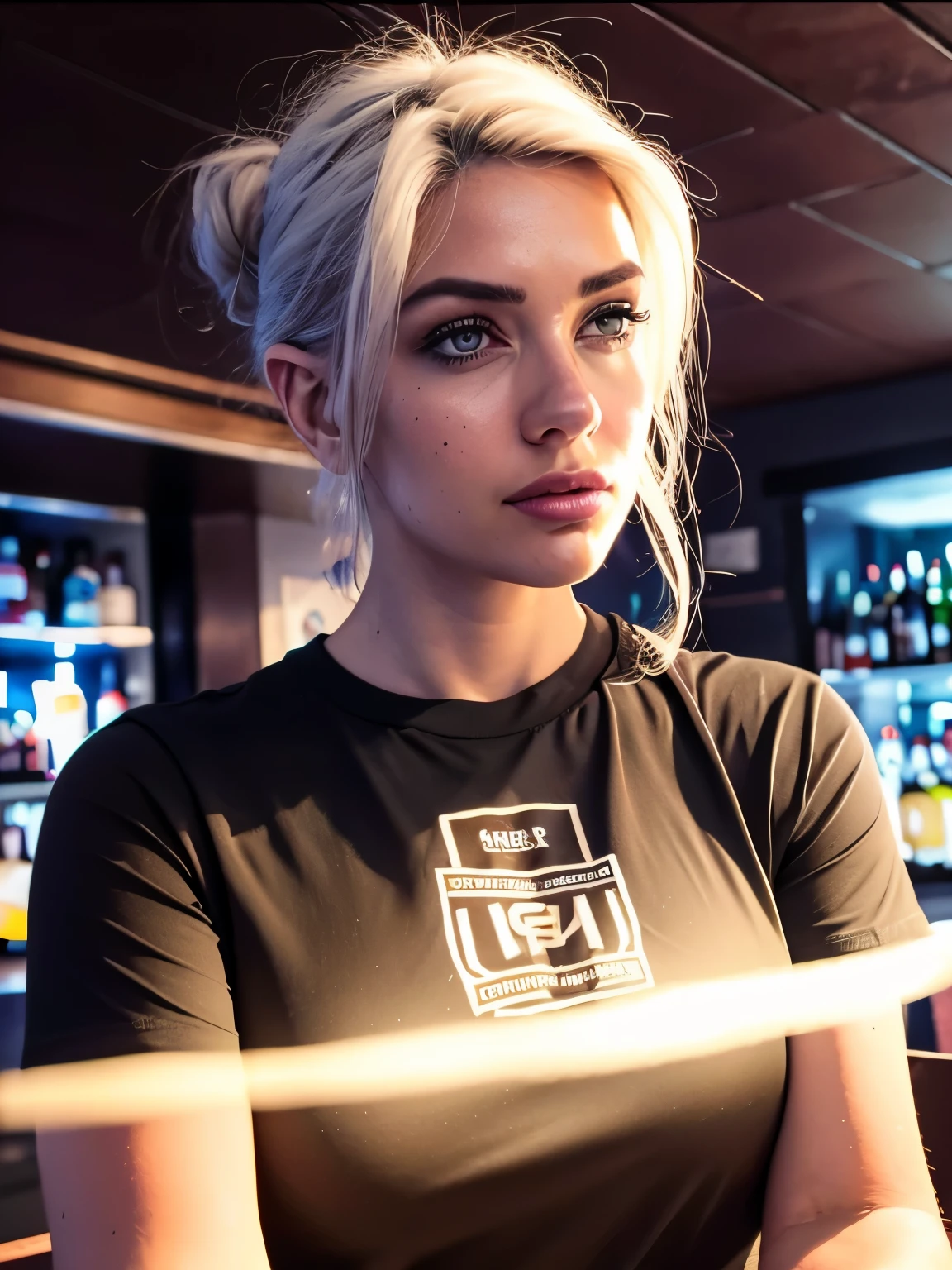 8k portrait of a woman, AlanahPearce, white hair, brown eyes, hair tied back, dynamic pose
, 1girl, t-shirt
, (masterpiece: 1.4), extremely detailed skin, (looking at viewer), (upper body:0.8), (close-up:0.8), (photorealistic:1.2), vivid, glowing, hero view, action pose, cinematic scene, dramatic lighting, colorful, bright colors
, beautiful detailed eyes, sharp focus, glowing eyes, detailed 4k eyes, bar interior, pub
, 