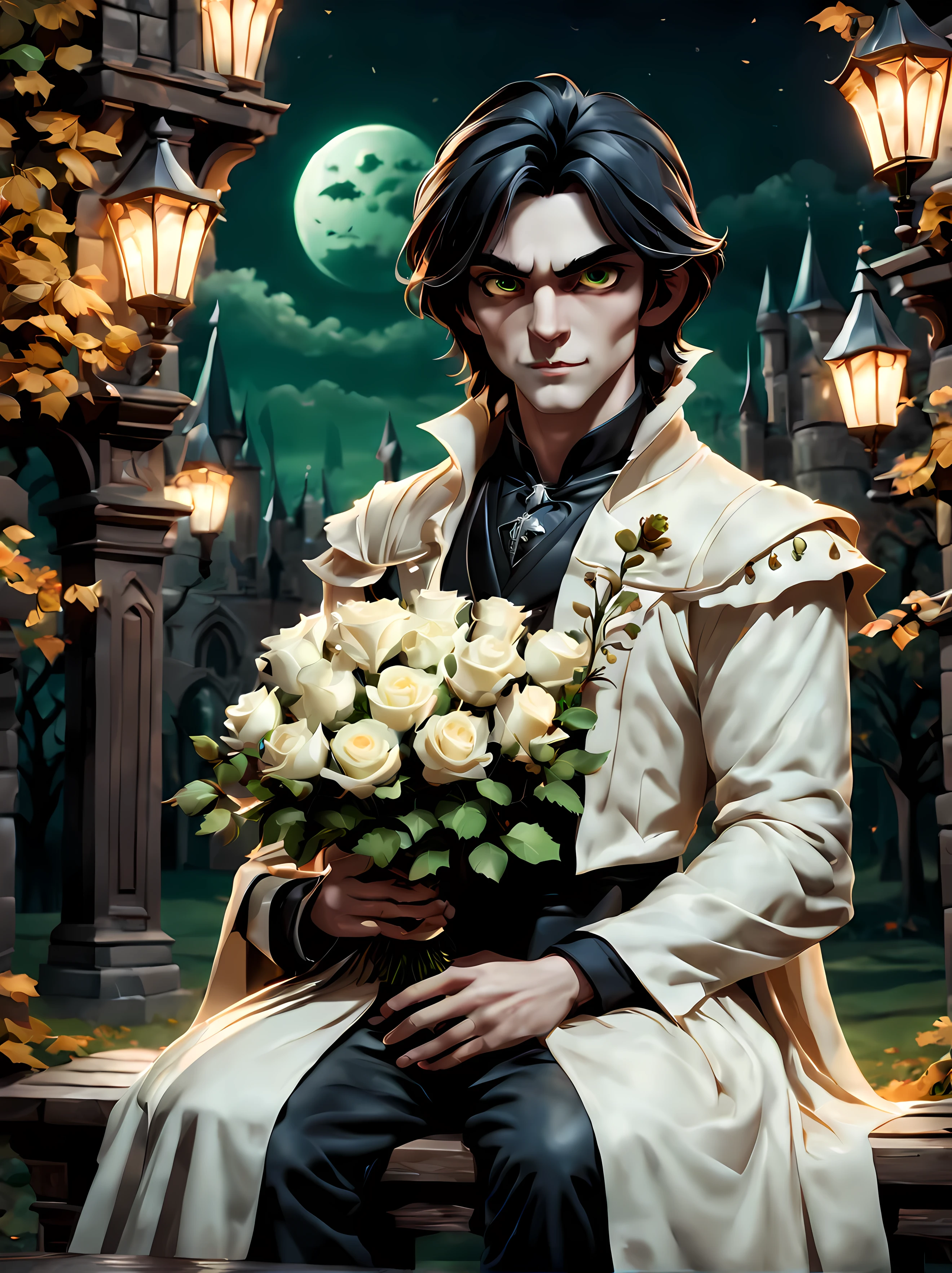 3D Render Style, 3DRenderAF, Perfect Hands, Masterpiece in maximum 16K resolution, (cute cartoon style:1.3), a (((solo))) mid shot of a handsome vampire (male) ((sitting on an elegant bench)) in a moonlit autumn garden, (complex rich gothic patterns with golden lines), the vampire is wearing an elegant flowing gown, he has (vivid green eyes), and long black hair, (((holding a bouquet of white roses in his hands, looking up with anticipation))), gothic castle in the background, night. | ((More_Detail))