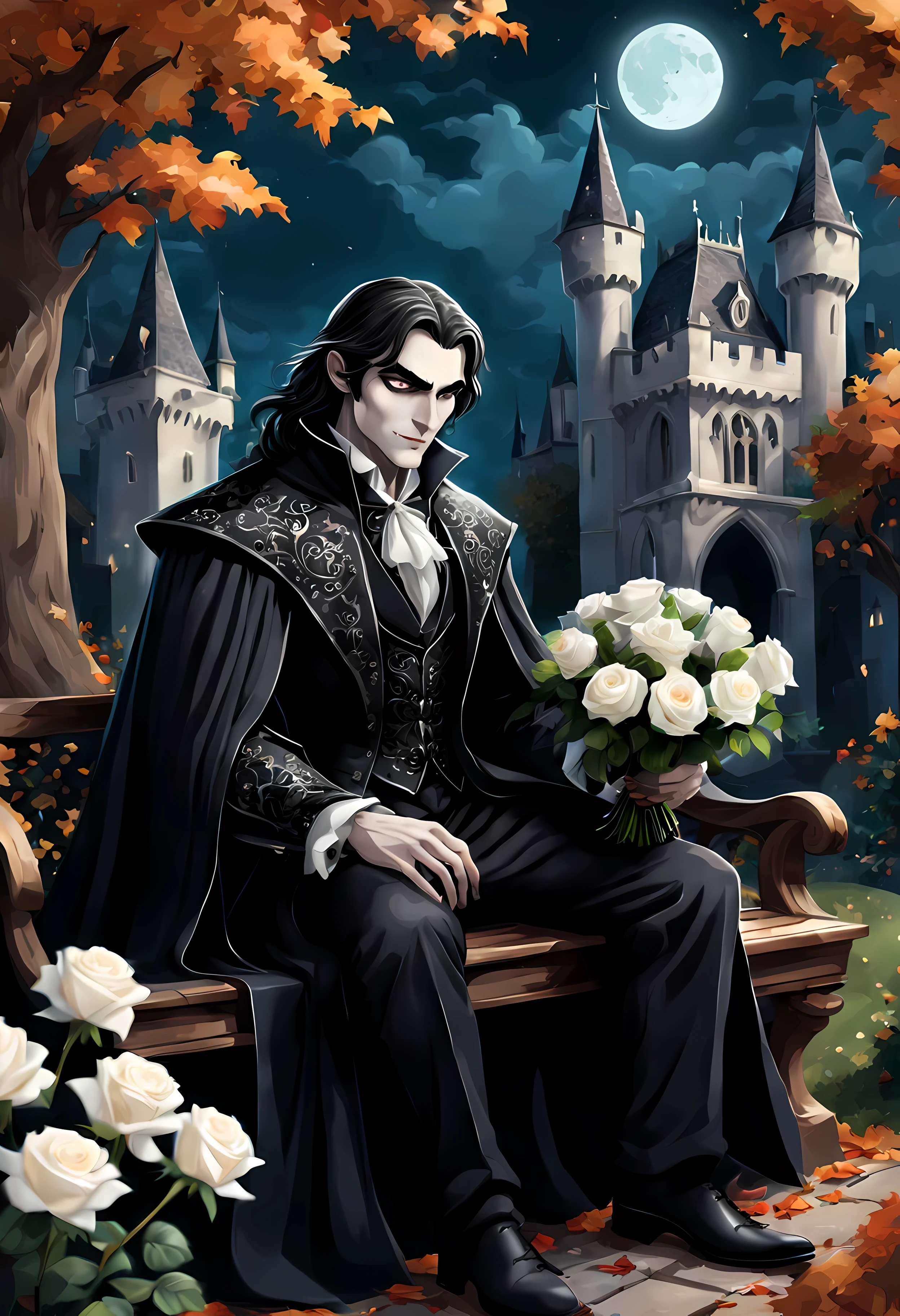 manos perfectas, Obra maestra en resolución máxima de 16K, (lindo estilo de dibujos animados:1.3), a (((solo))) ((de cerca)) de un vampiro guapo (male) sentado en un elegante banco en un jardín otoñal iluminado por la luna, ((patrones góticos ricos y complejos)), el vampiro lleva un vestido elegante y fluido, Él tiene (ojos verdes vivos), y pelo largo y negro, ((sosteniendo un ramo de rosas blancas en sus manos)), castillo gótico al fondo. | ((más_detalle))