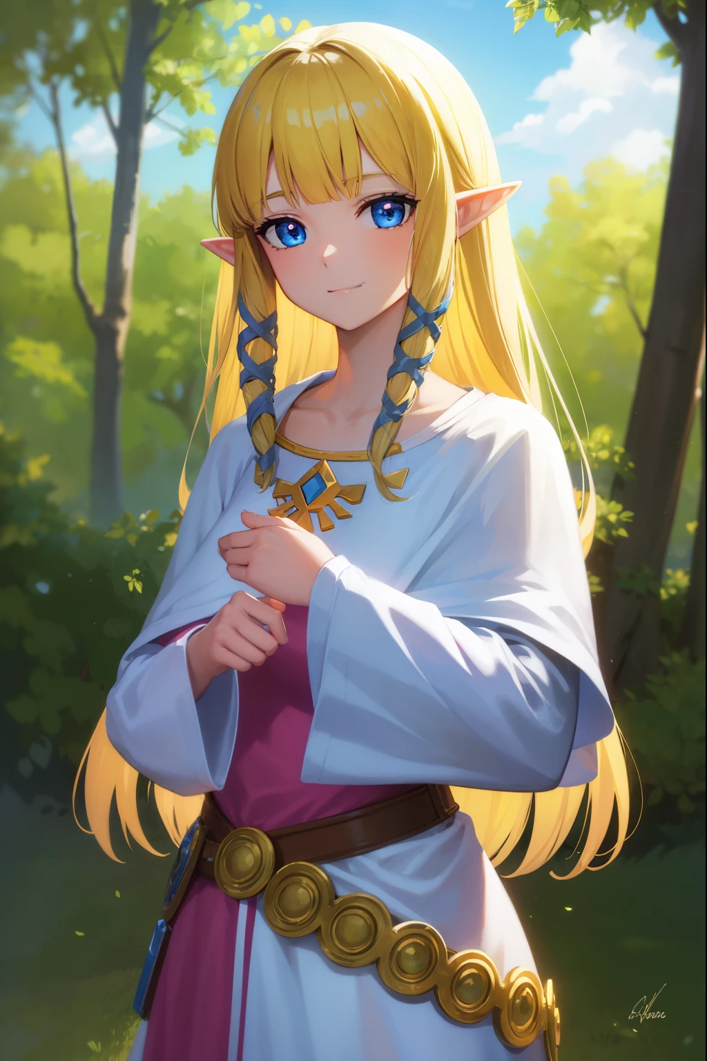 princesa zelda, zelda cieloward sword, pelo rubio, blue eyes, pelo largo, orejas puntiagudas, cerraduras laterales, duende, Golpes, blunt Golpes, Cintas, hair Cintas, sonrisa,
BREAK belt, capa, vestido, mangas largas, (pink vestido:1.2), (white capa:1.2),
descansar al aire libre, naturaleza, bosque, árboles, césped, sol, cielo, nubes,
descanso mirando al espectador,
BREAK (obra maestra:1.2), mejor calidad, Alta resolución, fondo de pantalla de unidad 8k, (ilustración:0.8), (hermosos ojos detallados:1.6), cara extremadamente detallada, Iluminación perfecta, CG extremadamente detallado, (manos perfectas, anatomía perfecta),