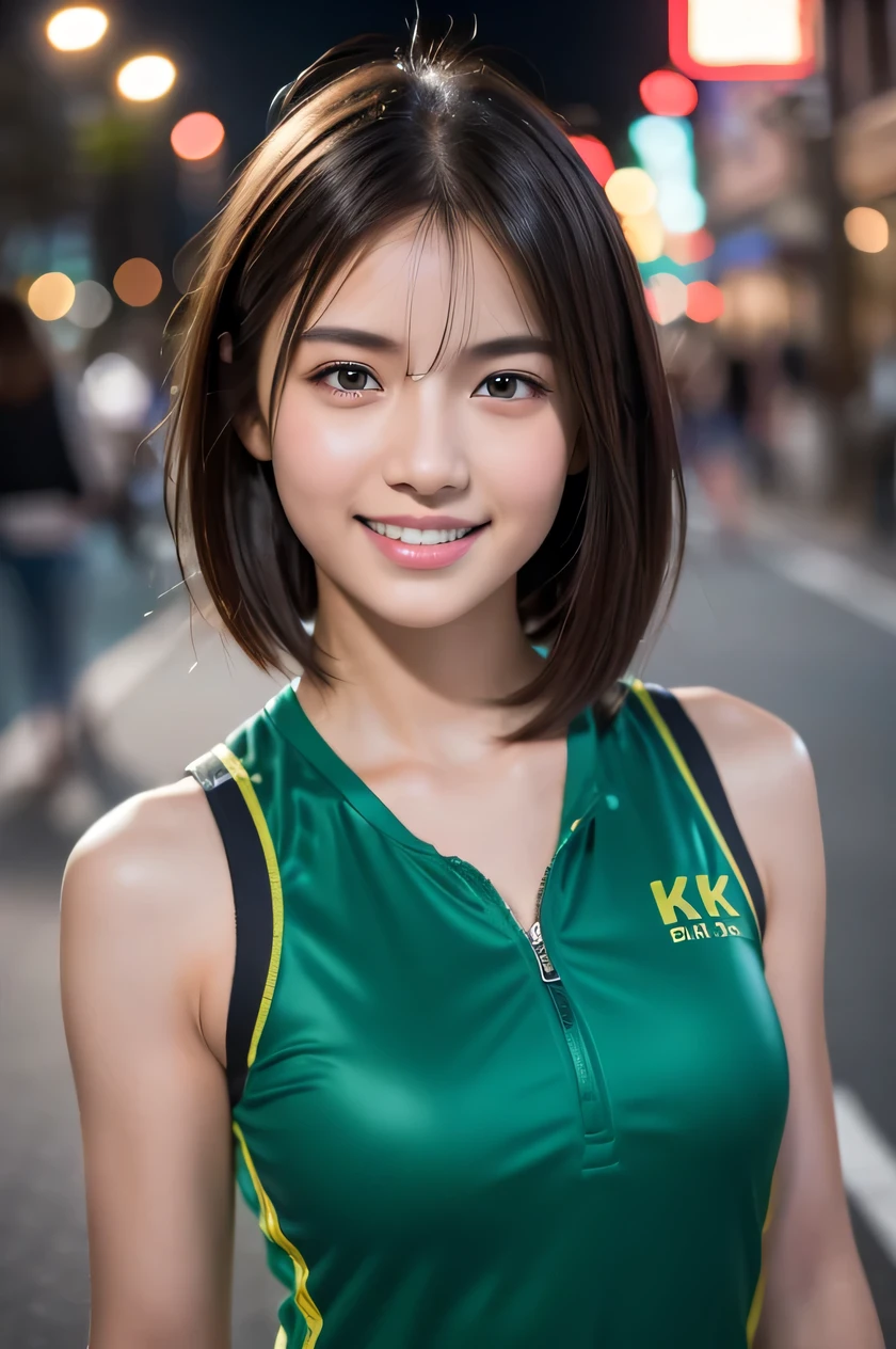 The beauty of 8K raw photos:2.0, short hair,15 years old, great face and dark eyes, stare at the camera, upward glance, A big smile, show teeth,（Green Sportswear:1.2), realistic:1.9, very detailed CG 統合 8k 壁紙, very detailed, High resolution RAW color photos, cowboy shot, professional photos, Shot in the city at night, girl sexy portrait