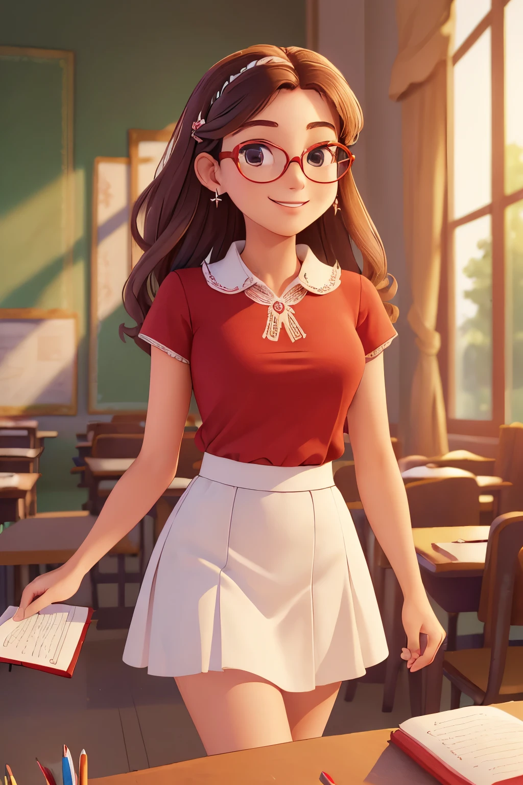 (A :1.3),(Masterpiece, Best quality:1.4), (Beautiful, Aesthetic, Perfect, Delicate, Intricate:1.2),((Best quality)), ((Masterpiece)), (Detailed),(A high resolution:1.2), Classroom, An adult female, Smiling Claudia Chever, Red shirt, White skirt, Glasses, Bend over, angle of view,