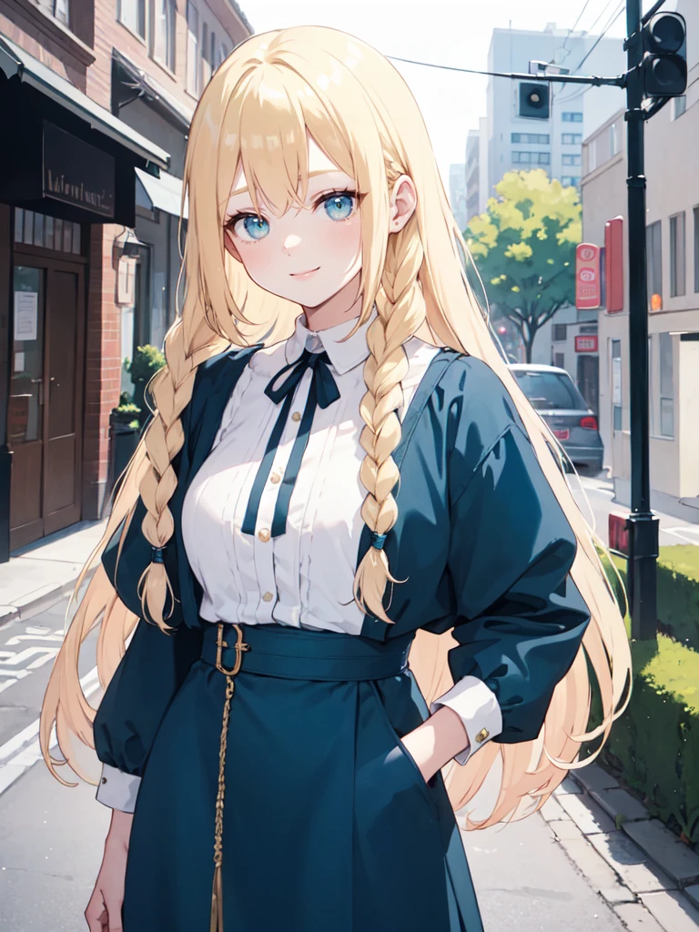 (masterpiece), (best quality), (ultra detailed),( blond braids hair),(illustration),(braids hair) very straight hair, standing, Fashion model, dressed in blue(blue modern street outfit), looking at viewer, (interview), (casual background),beautiful green eyes, delicate beautiful face, ,(high saturation),(colourful splashes),(shining), best lighting, best shadow. smiling. big breast. neat hairstyle down. shy personality. blond braids. pink modern street outfit. neckline (deep neckline)