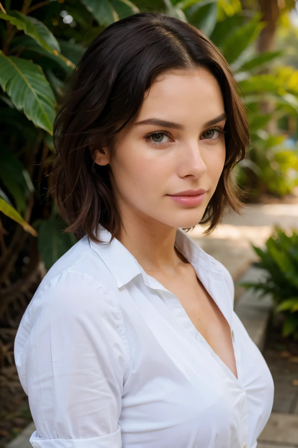 A close up of a woman in a white shirt posing for a picture - SeaArt AI