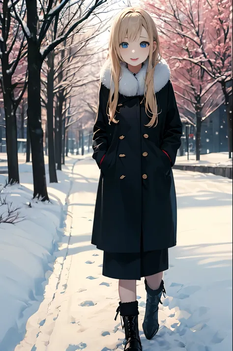 1 girl、long hair、blonde hair、blue eyes、winter、snow、winter、1 girl、sing、stroll、紙吹snow、skirt up