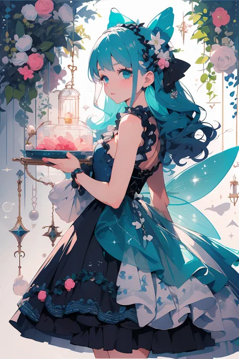 (masterpiece:1.2), best quality,pixiv,fairy tale girl, 1 girl, teal hair, teal eyes, teal dress, lolita fashion, teal theme