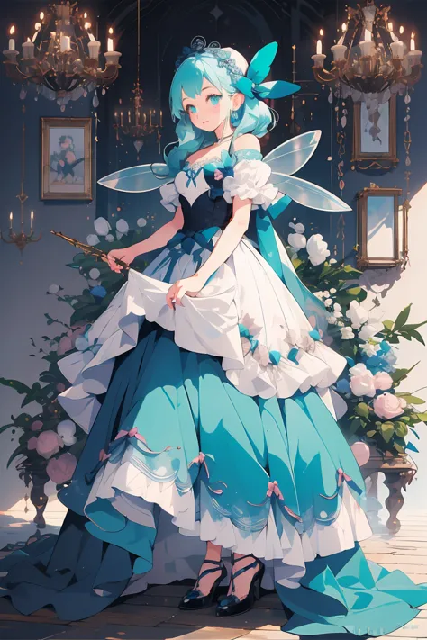 (masterpiece:1.2), best quality,pixiv,fairy tale girl, 1 girl, teal hair, teal eyes, teal dress, lolita fashion, teal theme