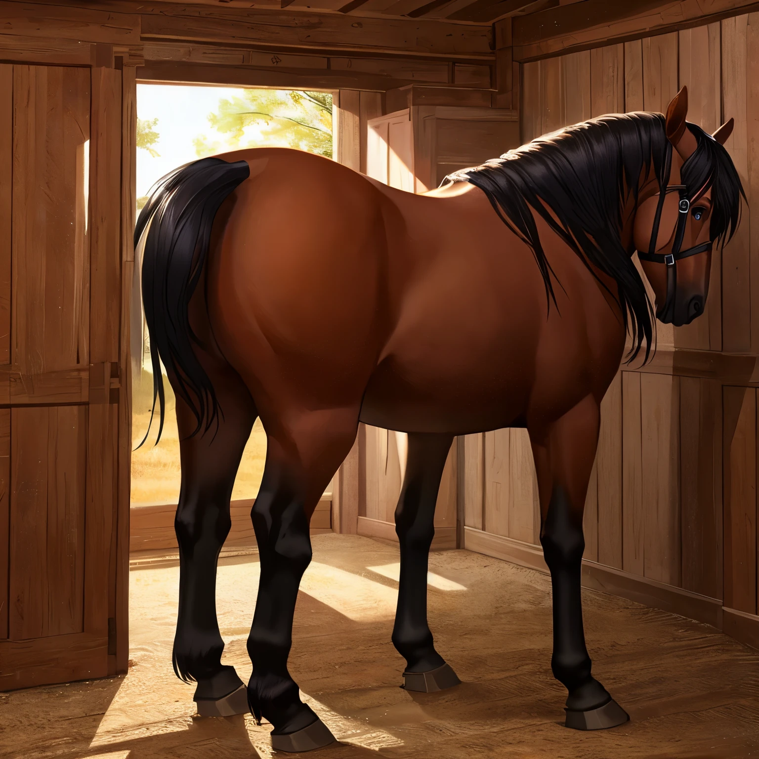 There is a horse standing in a barn with a door open - SeaArt AI