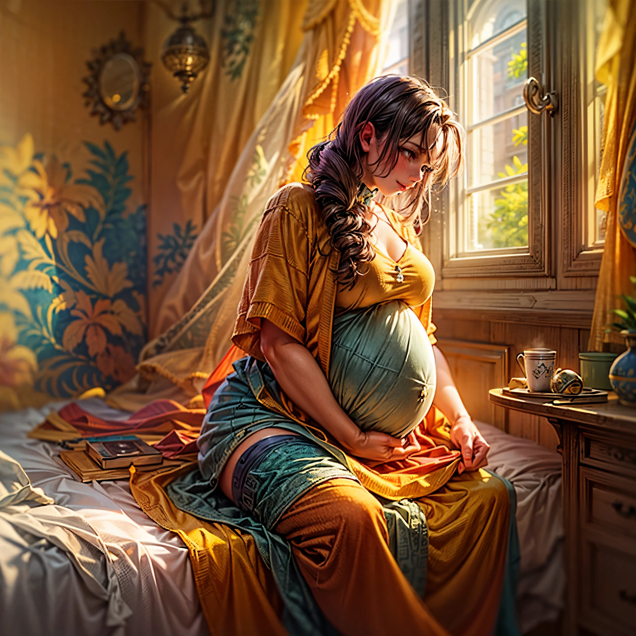 high details, best quality, 16k, [ultra detailed], masterpiece, best quality, (extremely detailed), a picture of beautiful pregnant woman sitting in her room, near the window, the woman is wearing a colorful dress, caressing her belly, GlowingRunes_yellow, soft cinematic light