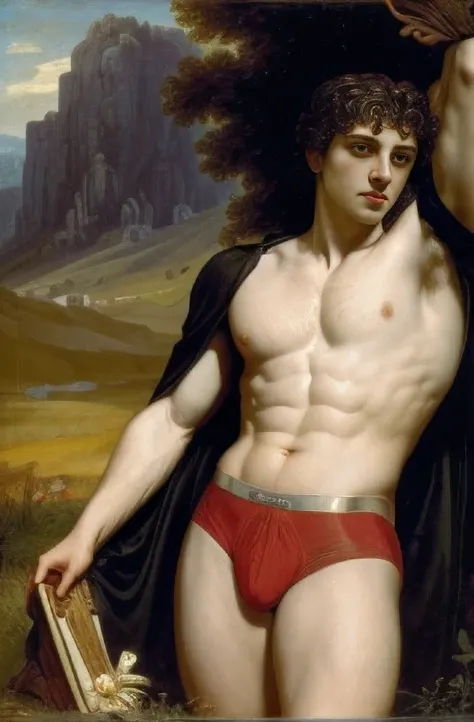 Standing pose, oil painting, handsome vampire man with dark hair and white skin, wearing white briefs, abs, chest, slim waist, Giuseppe Fiore´s style, detailed face, detailed skin, front, background gothic castle ruins, style of Raphael, Daniel gerhartz, m...