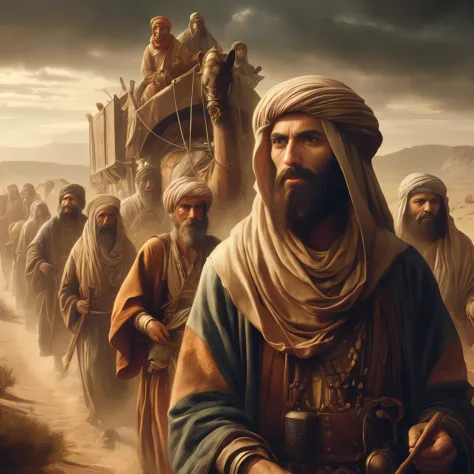 homem arafado com barba e barba com turbante lidera um grupo de homens em um camelo, portrait of bedouin d&d, comerciantes em fu...