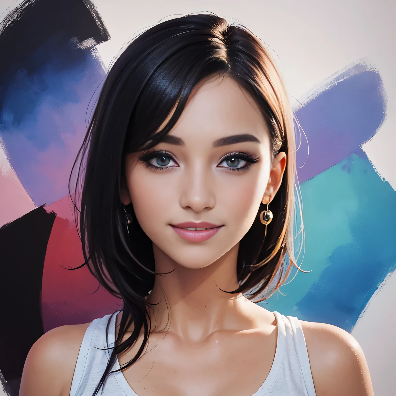 A close up of a woman with a white tank top and black hair SeaArt AI