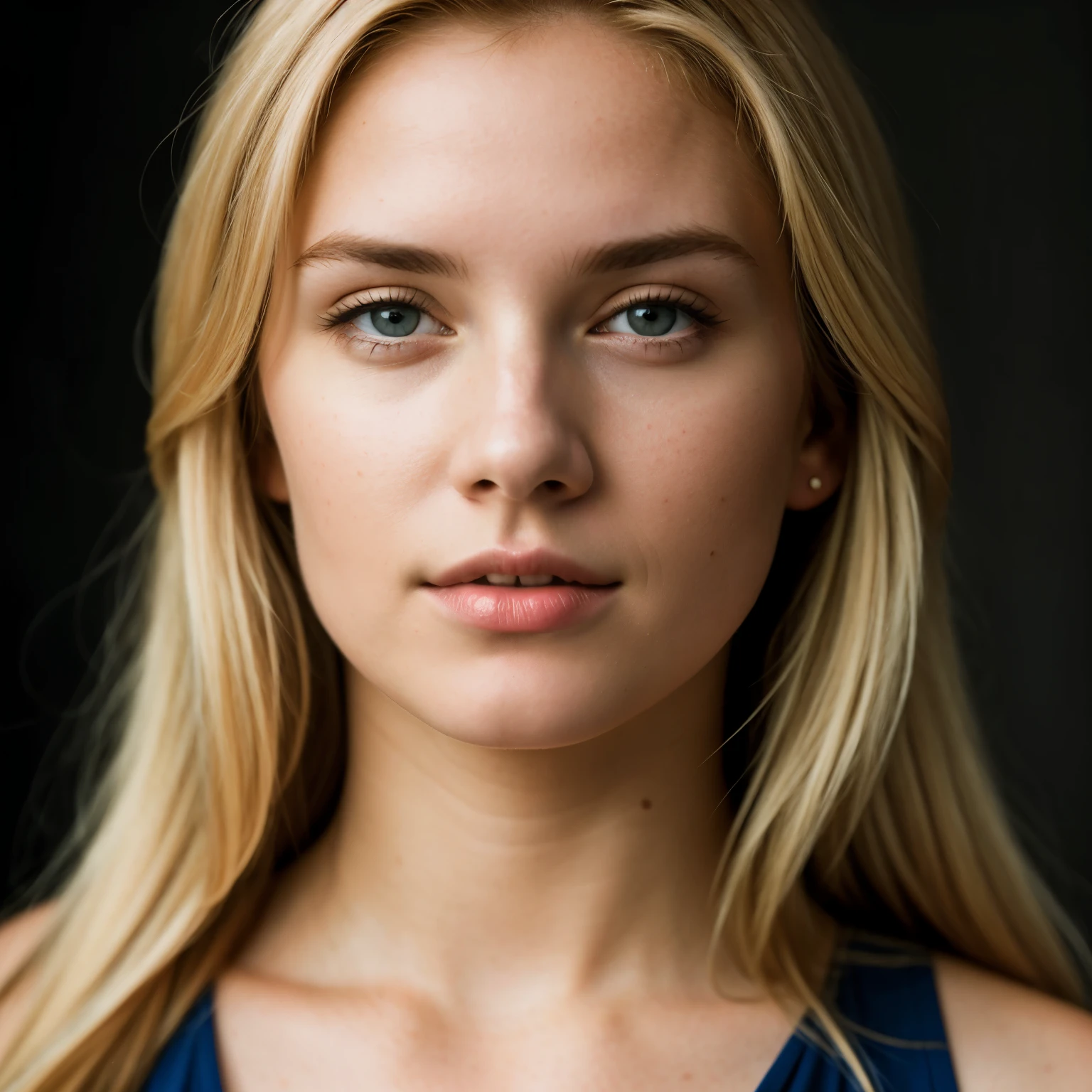 A close up of a woman with long blonde hair and a blue top - SeaArt AI