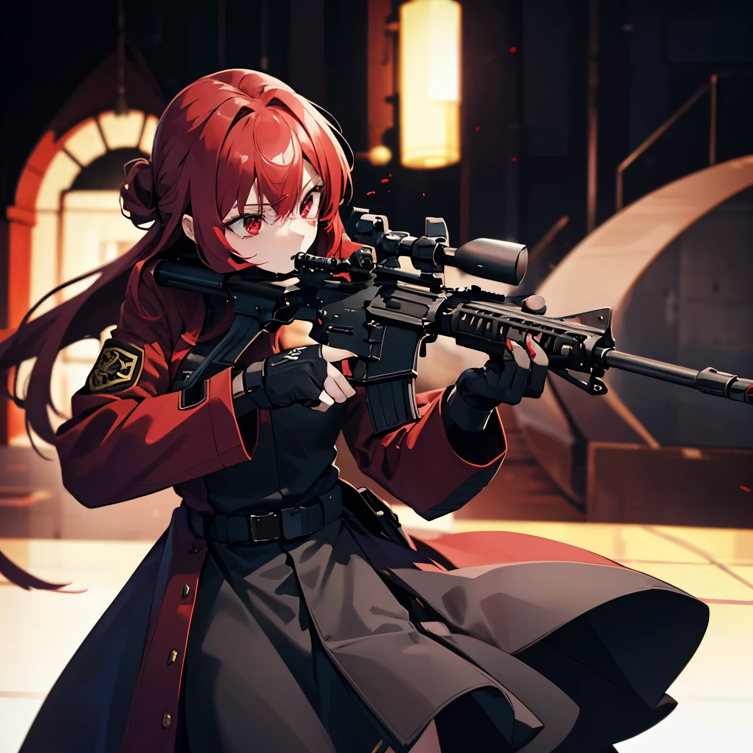 high resolution　high quality　Expressive　Long red hair　Hair tied behind the back　Holding a gun　holding a sniper rifle　sky eyes　red eyes　oversized coat　black military uniform