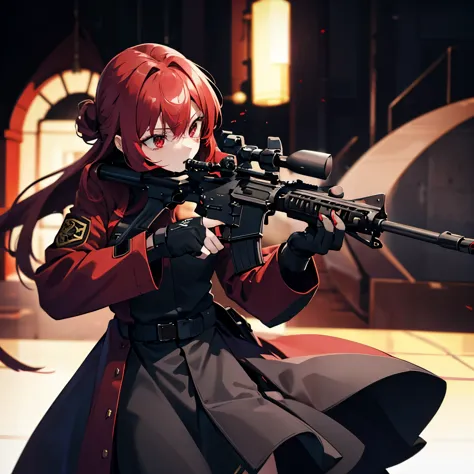 high resolution　high quality　expressive　long red hair　hair tied behind the back　holding a gun　holding a sniper rifle　sky eyes　re...