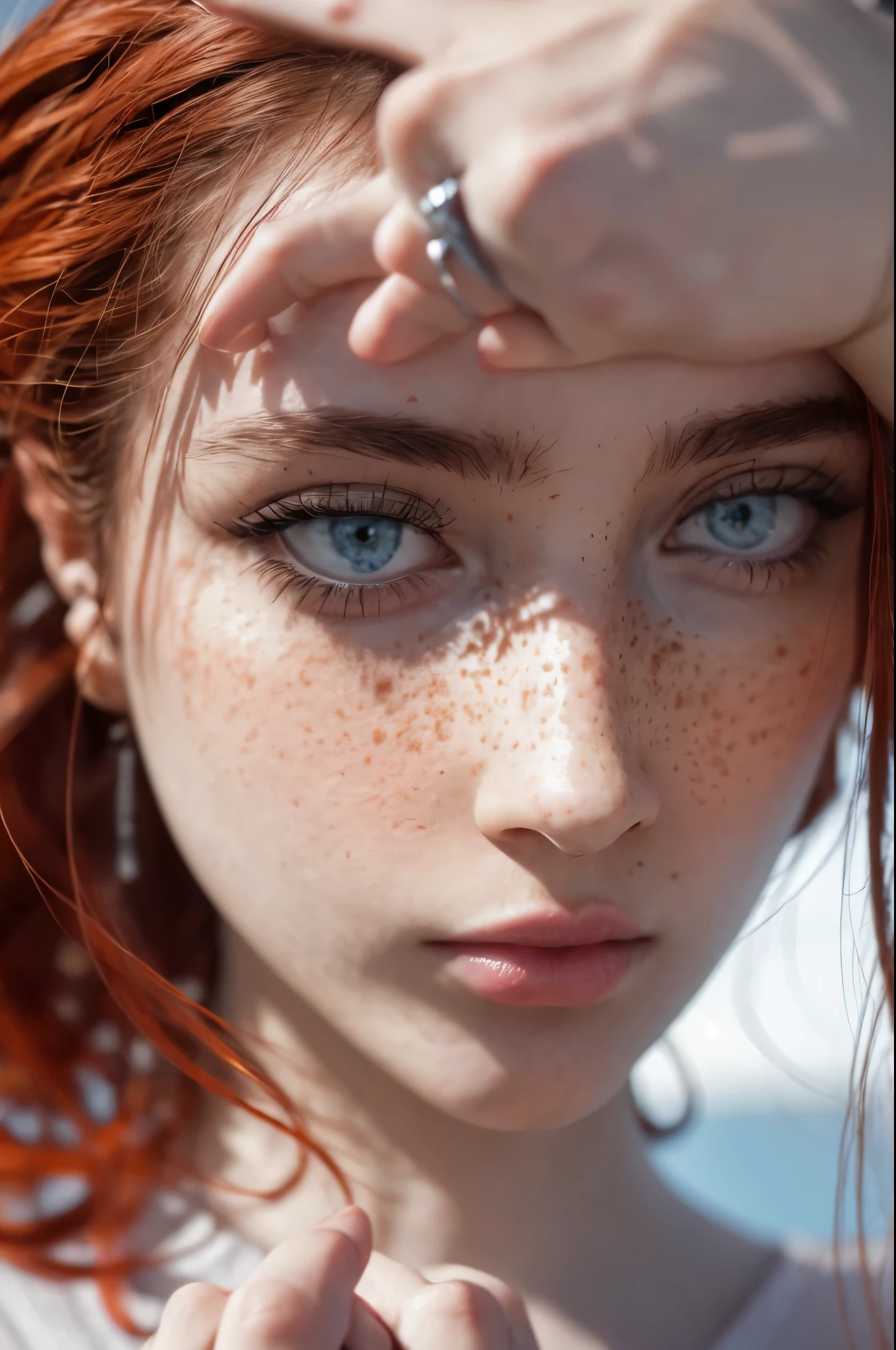 Portrait of a beautiful woman, looking_at_viewer, red hair, detailed_hair_style, wavy hair, pale skin, freckles, blue_eyes, Perfect illumination, warm light, Masterpiece, Incredibly detailed photo, Ultra High Definition, (extremely realistic, professional photo, perfect body, perfect human anatomy, high quality fingers, detailed fingers, photo realistic)