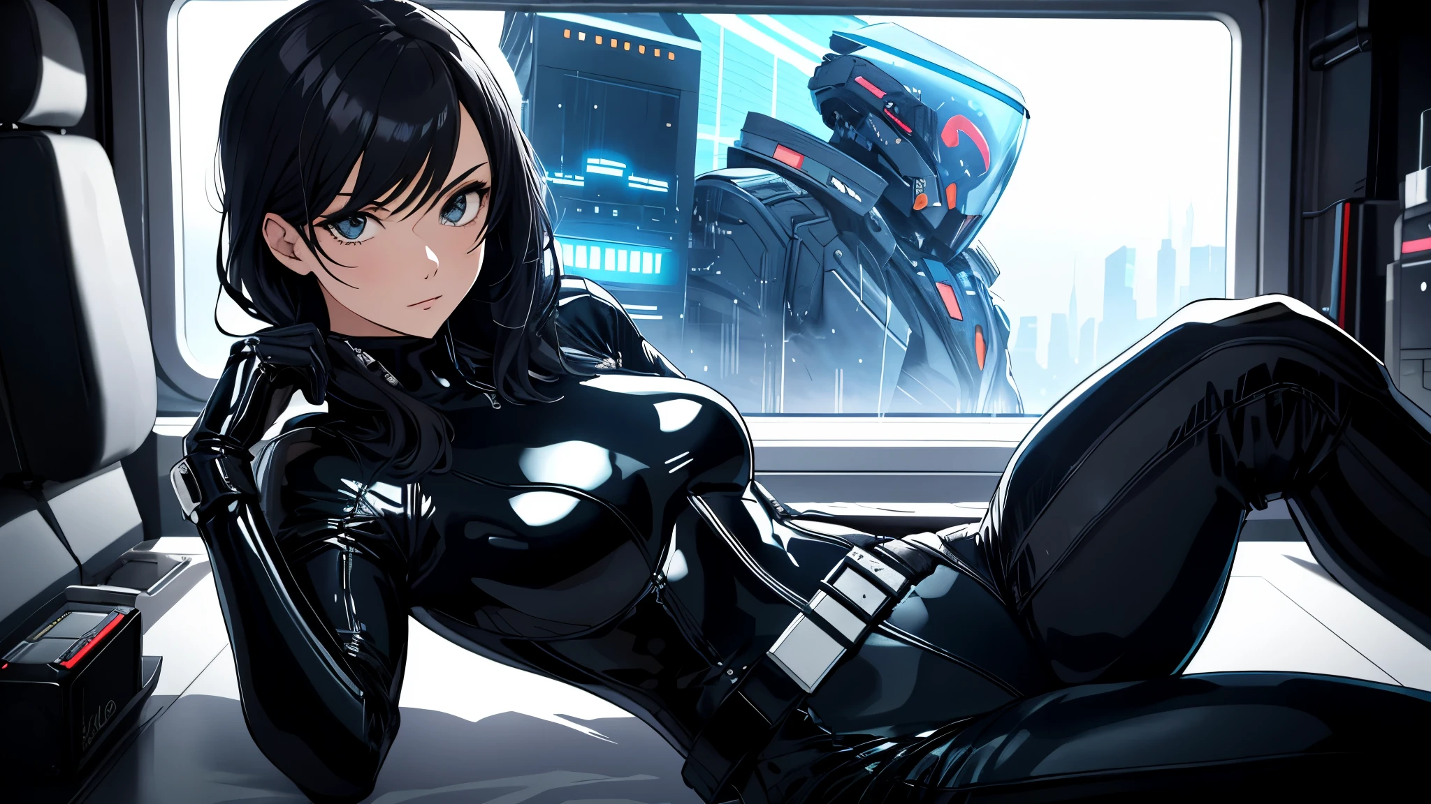 Anime girl in latex laying on a bed in front of a computer - SeaArt AI