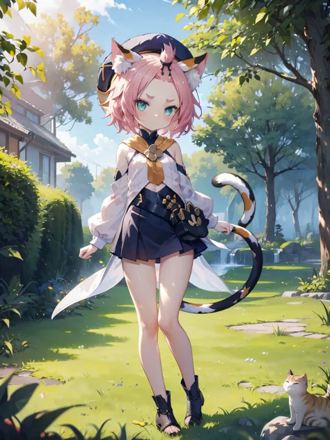, , flat chest, bottomless, short, hat, young, chibi, thin legs, cat ears, detached sleeves, outside, tail, bright sunlight, good eyes, tsundere, grumpy, perfect body ratio, grass