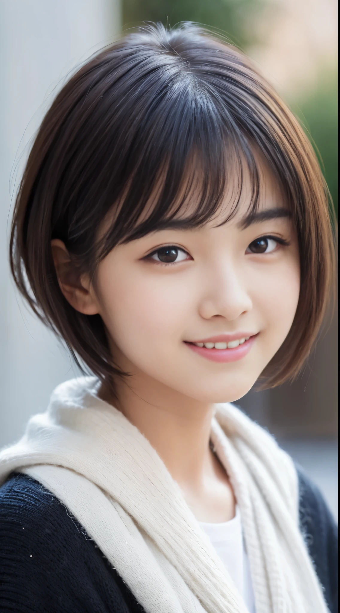 Best-quality, Masterpiece, Ultra-High-Resolution, (Photorealistic:1.4), Raw-Photo, 1girl, the most famous Japanese idol, 15-years-old, extremely cute face, extremely beautiful big-black-solid-circle-eyes, extremely beautiful black-short-cut-haired, extremely beautiful long-eyelashes, extremely beautiful lips, wearing winter-clothes for business, innocent-smile