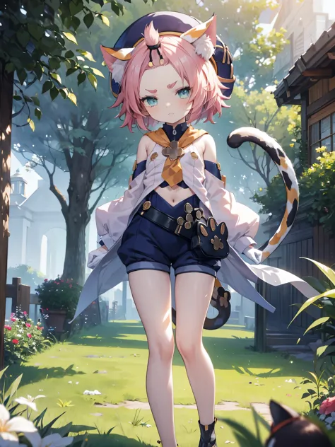 , , flat chest, bottomless, undressing, short, hat, young, chibi, thin legs, cat ears, detached sleeves, outside, tail, bright sunlight, good eyes, tsundere, grumpy, perfect body ratio, grass