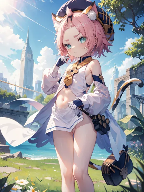 , , flat chest, bottomless, undressing, short, hat, young, chibi, thin legs, cat ears, detached sleeves, outside, tail, bright sunlight, good eyes, tsundere, grumpy, perfect body ratio, grass