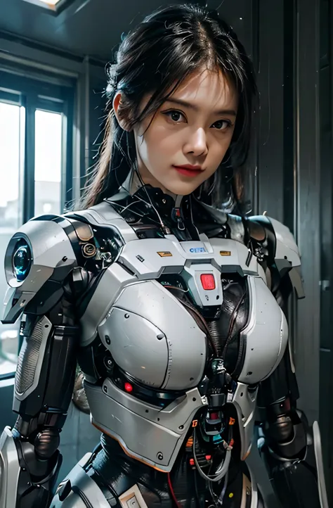 Intelligent Bionic Robot、male people、Cyborg Robot Parts、cable electric wires、microchips、bright studio、hyperphotorealism、high-det...