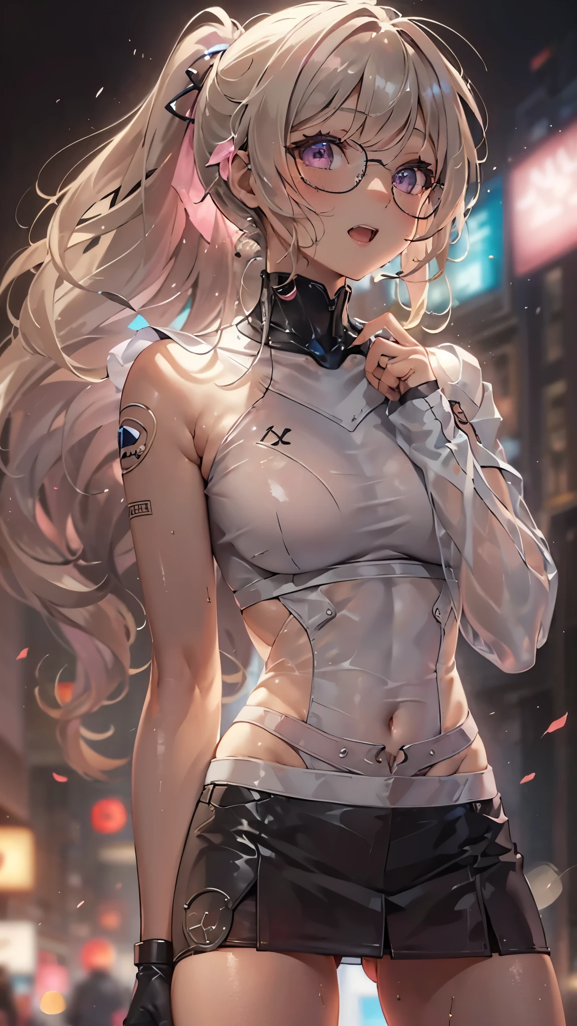 woman,14 years old,,city,night,(((White and pink tight miniskirt bodysuit))),,open mouth smile((See-through))glasses,((beautiful long ponytail)),((Baby girl body shape))((blonde))