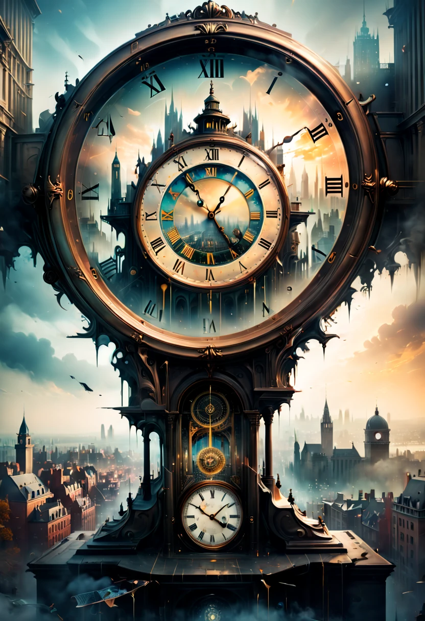 Double exposure of a clock and city view, clock fused with city view, fantasy art, year 1800, (best quality, masterpiece, Representative work, official art, Professional, 8k)