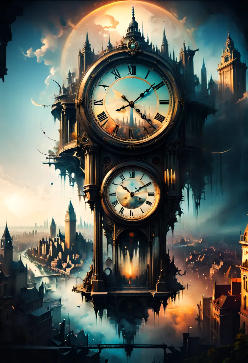 double exposure of a clock and city view, clock fused with city view, fantasy art, year 1800, (best quality, masterpiece, repres...