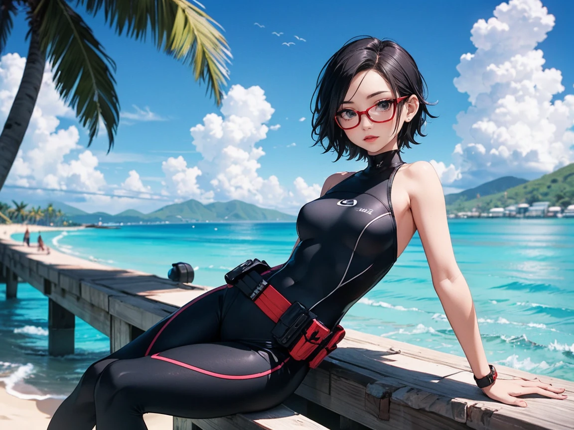 Sarada Uchiha mit kurzen Haaren, schwarze Augen, Tragen einer Korrekturbrille. Sie trägt einen schwarzen Neoprenanzug mit roten Details, trage Tactel-Shorts, Tragen Sie einen Werkzeuggürtel um die Taille, Sie liegt auf einem Riff und ihr halber Körper ragt aus dem Wasser, Der Tag ist sonnig mit einigen Wolken, roter Lippenstift. Paradiesinsel im Hintergrund.