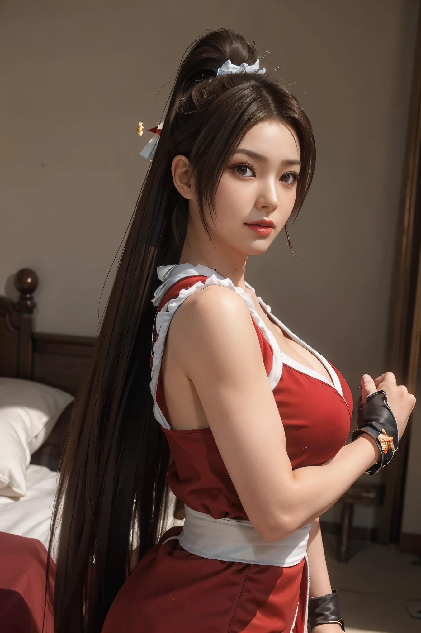 Mai Shiranui, brown eyes, Japanese beauty，Smilelong hair, brown hair, (red clothes:1.3)，super huge breasts， sleeveless, ponytail, sash, pelvic curtain, arm guards, Gloves, or，A plump chest， seductiveexpression, Sexy eyes, huge breasts, Smile, Lovely, view viewer, long hair, (breasts focus:1.2), (actual:1.2), (Panorama: 1.2), (realism), (masterpiece:1.2), (best quality), (Super detailed), (8k, 4K, complex), (85mm), light particles, light, (Very detailed:1.2), (Detailed face:1.2), (Gradient), SFV, rich and colorful, (delicate eyes:1.2), (in bedroom: 1.2),(Detailed background), (dynamic angle:1.2), (dynamic poses:1.2), (Line of action:1.2), Wide-angle lens, huge breasts，Big breasts，crowd，A lot of people，crowded