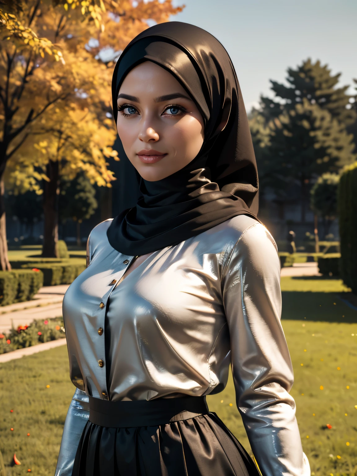 3dmm style, Masterpiece, realistic, best quality, best lighting, beautiful mature Czech woman, 1 girl photo solo, beautifully makeup, eyeshadow, Parted Lips, Detailed Eyes, Big eyes, brown eyes, long eye lashes, dimples on the cheeks, smile, wearing ((Dark blue satin hijab)), loosely tide hijab style, ((gray satin high cut neck shirt and satin long skirt)), (Half-body portrait), Front view, Symmetric Centre, facing the viewer, walking on trails autumn garden.