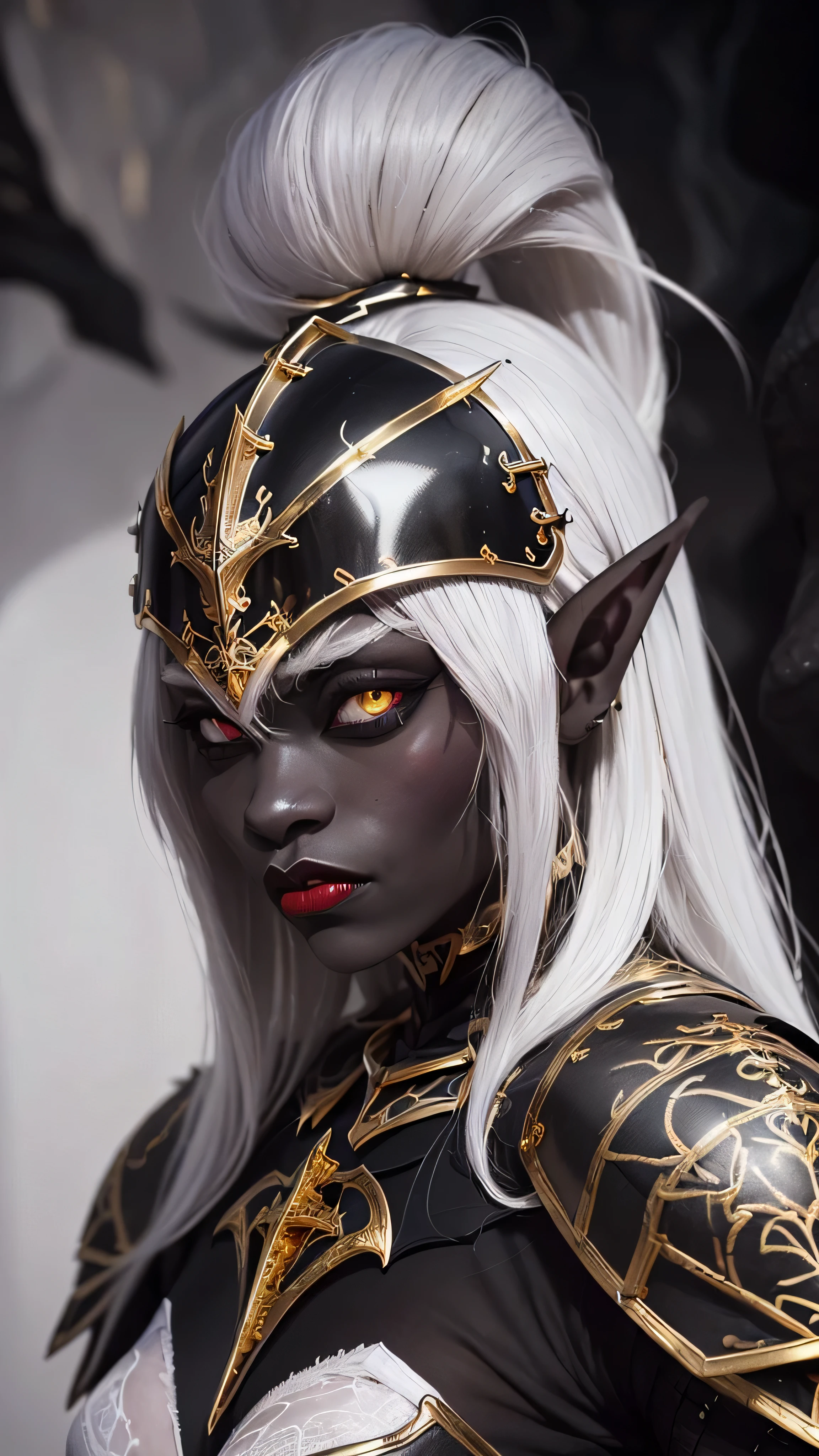 ((best quality: 1.5)) ((masterpiece: 0.8)), intricate details, sharp focus, professional, real life, realistic representation of the face, dim lighting, flickering shadow, side view: 0.5, dynamic pose, in the style of realistic and hyper detailed renderings BREAK ((((detailed 30year ((graphite skin drow elf mistress, blackout gothic eye makeup, cavern, lacquered black knight armor, gold filigree breastplate, red lips, weak chin, exotic, muscular, (glowing white eyes))))), long white hair), freckles: 1.3), photorealistic, hyper-realistic, 8K