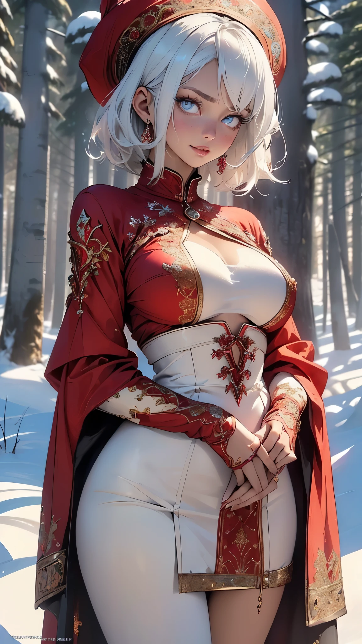 A woman in a red and white outfit posing in the snow - SeaArt AI