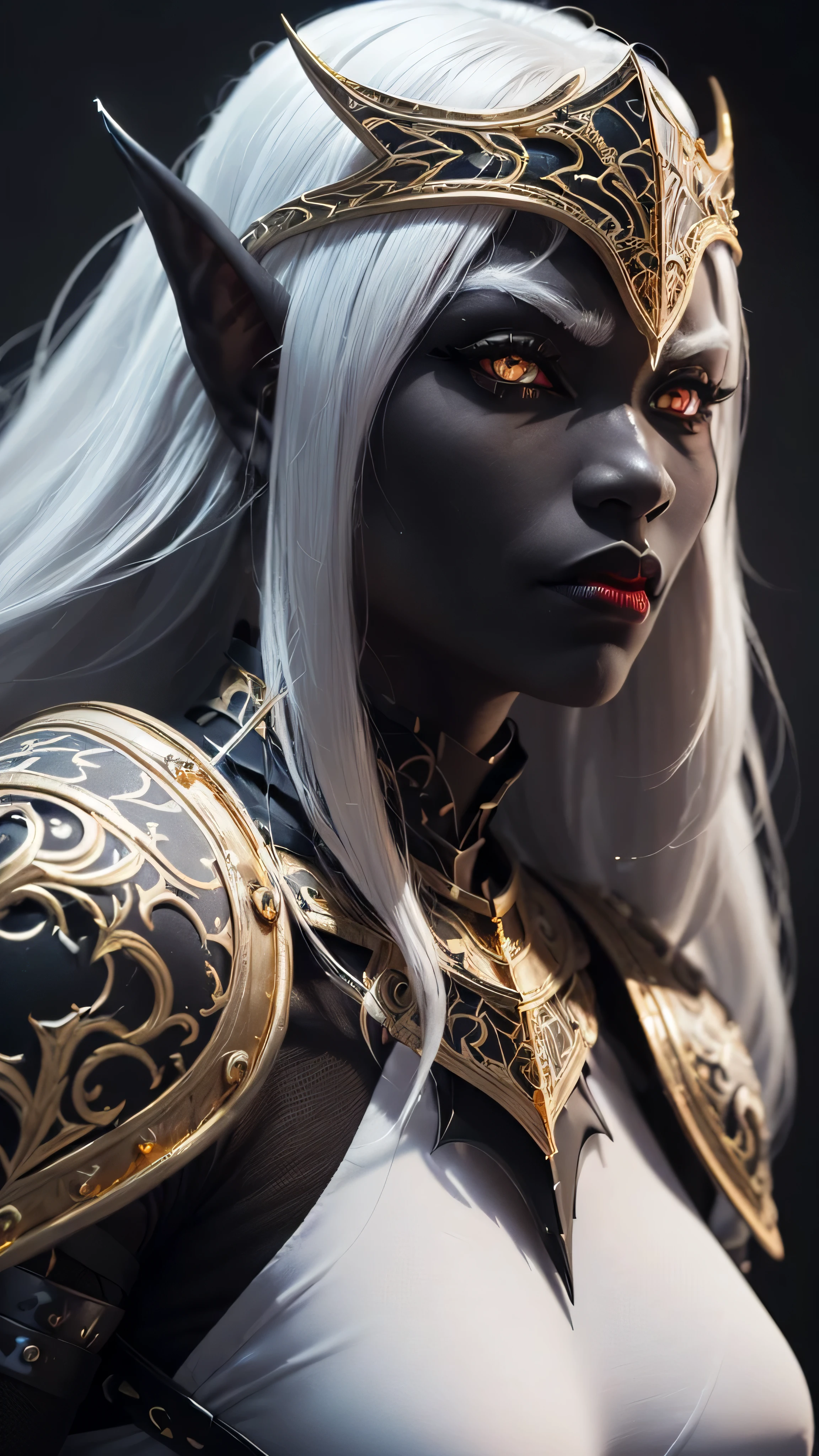 ((best quality: 1.5)) ((masterpiece: 0.8)), intricate details, sharp focus, professional, real life, realistic representation of the face, dim lighting, flickering shadow, side view: 0.5, dynamic pose, in the style of realistic and hyper detailed renderings BREAK ((((detailed 30year ((graphite skin drow elf mistress, blackout gothic eye makeup, cavern, lacquered black knight armor, gold filigree breastplate, red lips, weak chin, exotic, muscular, (portrait, portrait, glowing white eyes))))), long white hair), freckles: 1.3), photorealistic, hyper-realistic, 8K