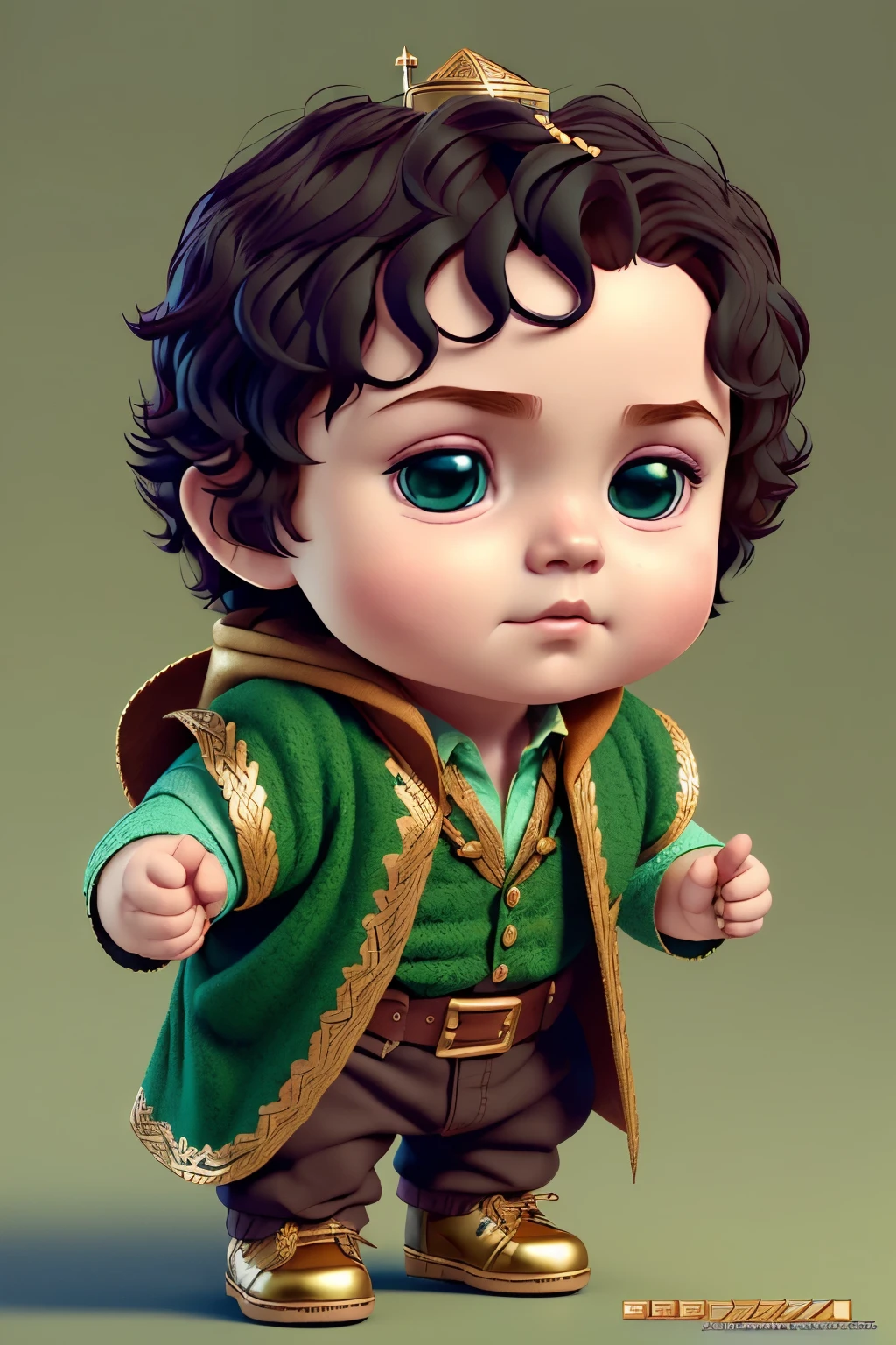 (cbzbb:1.25), portrait of cutest frodo baggins baby illustration, artstation, (green embroidered shirt, belt with gold buckle, leather vest, brown shoes with gold buckles, green hooded cape), CGI_Animation, 