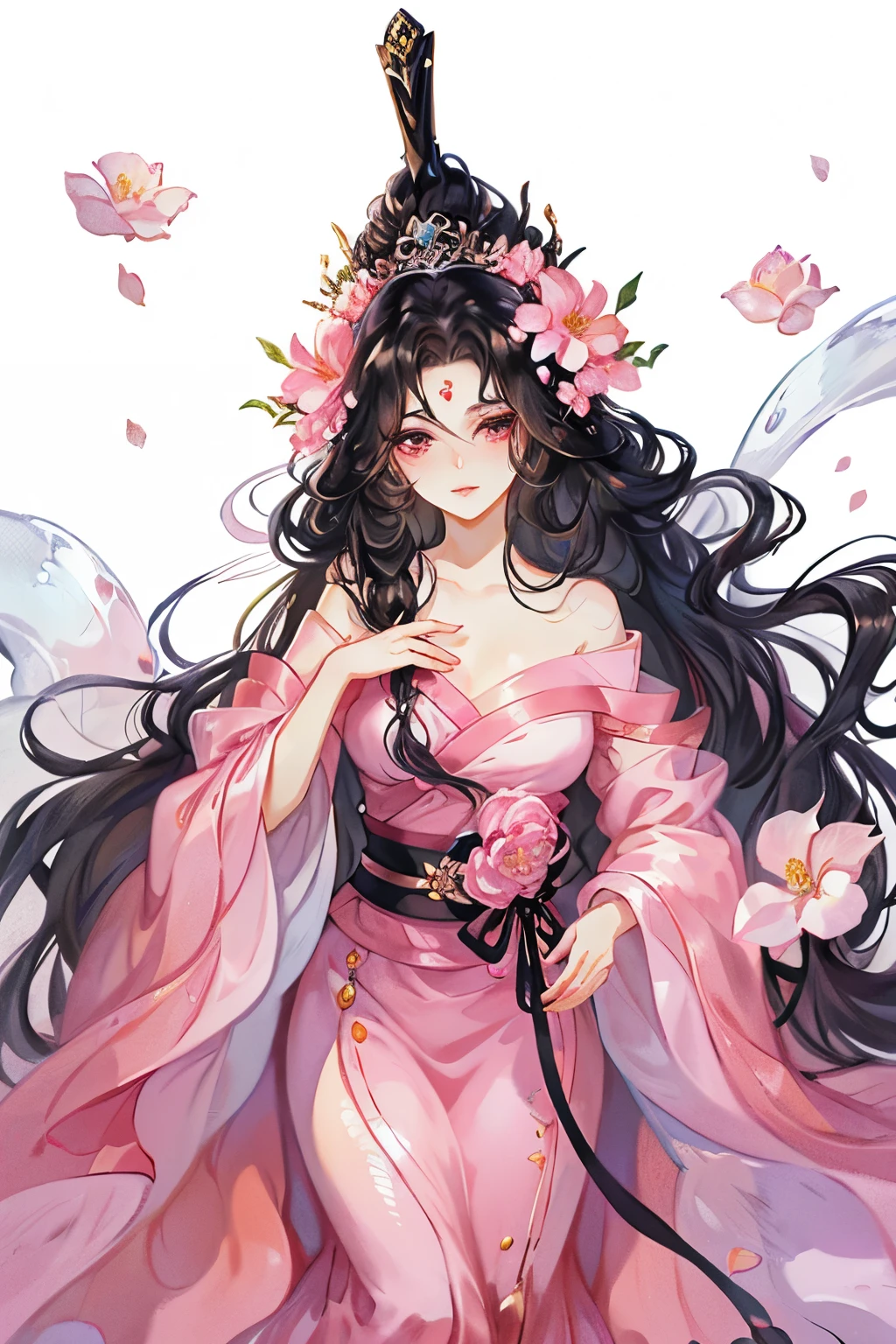 a woman，Black wavy hair and pink eyes, blush, eye shadow, cute face，long hair,Flowers in the hair, ethereal beauty,Upper body close-up，Look head-on at the audience，lying in water((beautiful fantasy queen))