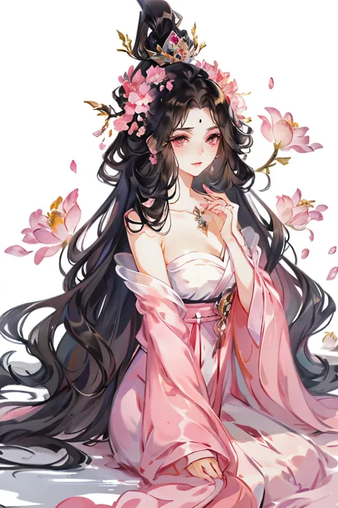 a woman，Black wavy hair and pink eyes, blush, eye shadow, cute face，long hair,Flowers in the hair, ethereal beauty,Upper body cl...