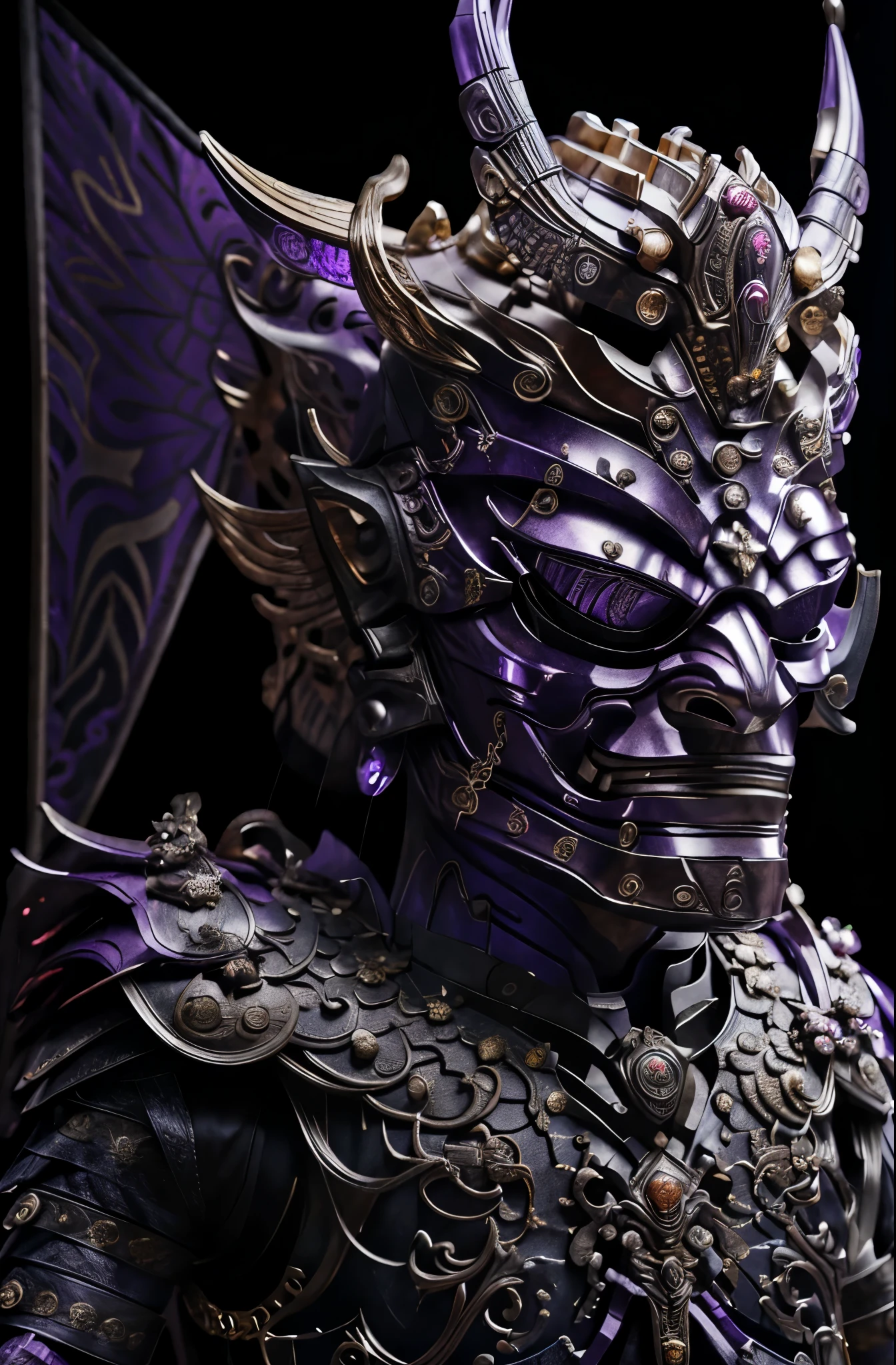 man， purple armor, light bearer karoriors, medieval city, dark, fighting, epic, karo, Surrealism, 8k, Super details, karo, fighting against demons, darkness, fear, rain