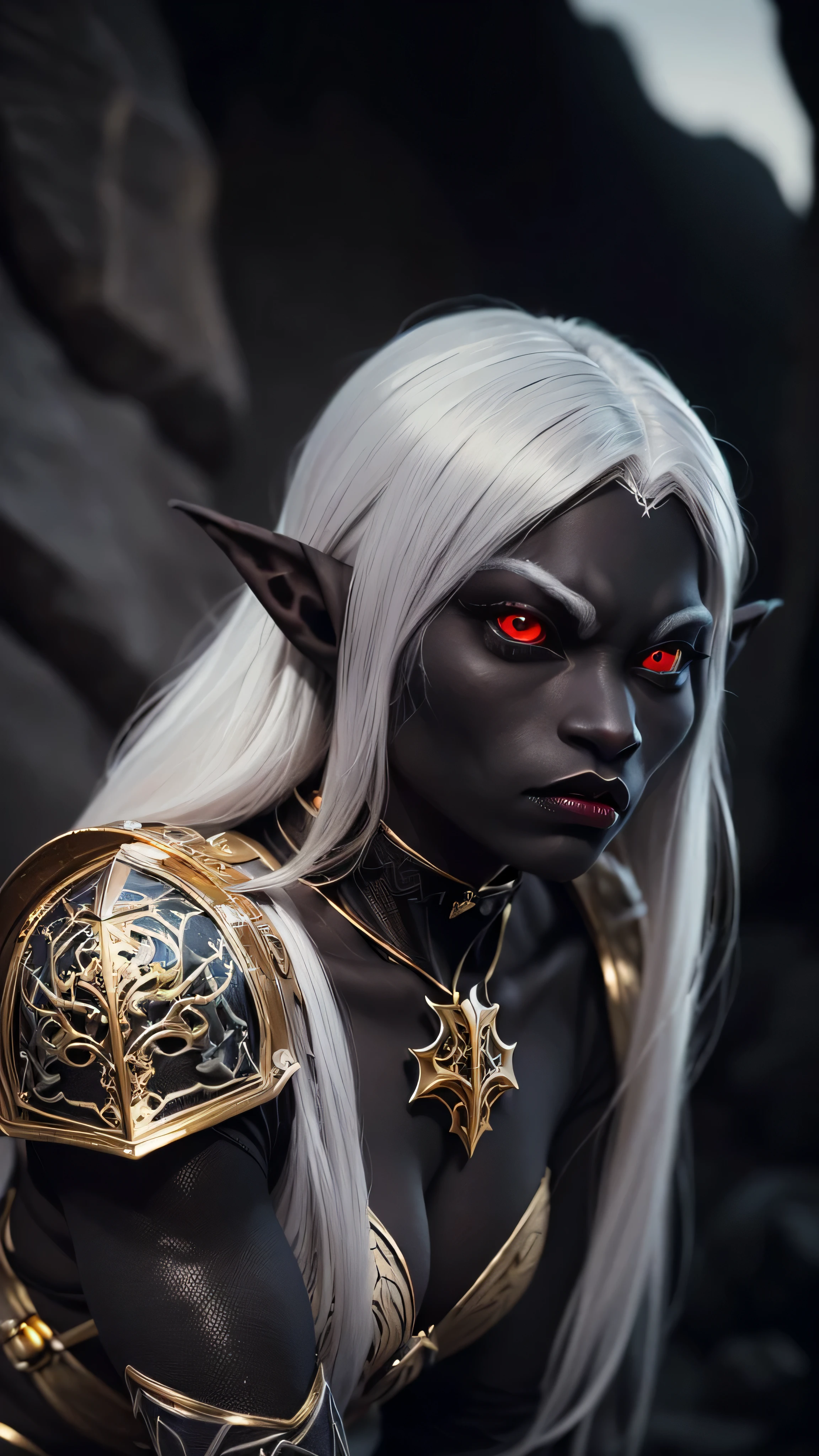 ((best quality: 1.5)) ((masterpiece: 0.8)), intricate details, sharp focus, professional, real life, realistic representation of the face, dim lighting, flickering shadow, side view: 1.5, dynamic pose, in the style of realistic and hyper detailed renderings BREAK (((detailed 18year ((((graphite skin drow elf mistress)), blackout gothic eye makeup, cavern, lacquered black knight armor, gold filigree breastplate, red lips, cleft chin, exotic, muscular, (glowing white eyes, evil stare)), crouching, stalking)), long white hair), freckles: 1.3), photorealistic, hyper-realistic, 8K
