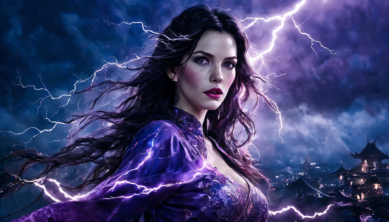 Uma jovem garota de corpo inteiro (Liv Tyler), Zenistu, e com roupas roxas e brancas, Purple and White Lightning, cabelos brancos, Purple eyes, Sky Lightning, Fio Eletroluminescente, magic sparks, enchanted magical fantasy. Peach Blossom Land, heaven, Jogo CG, Hand Painted Style, 8k, Ultra HD | |, arte digital conceitual, Azure azul e cinza,(Very detailed, A huge amount of purple lightning shot out from the girl&#39;the hand and hit the city, lightning clouds, Atmospheric lightning, Pink Lightning, with thunderstorms, Tempestade escura with lightning bolts, Dramatic purple lightning, raios no heaven, contrast lightning, trovoada no heaven, lightning in the background, with lightning bolts, Reasonable design, linhas claras, Alta nitidez, melhor qualidade, master part, 4k ).
