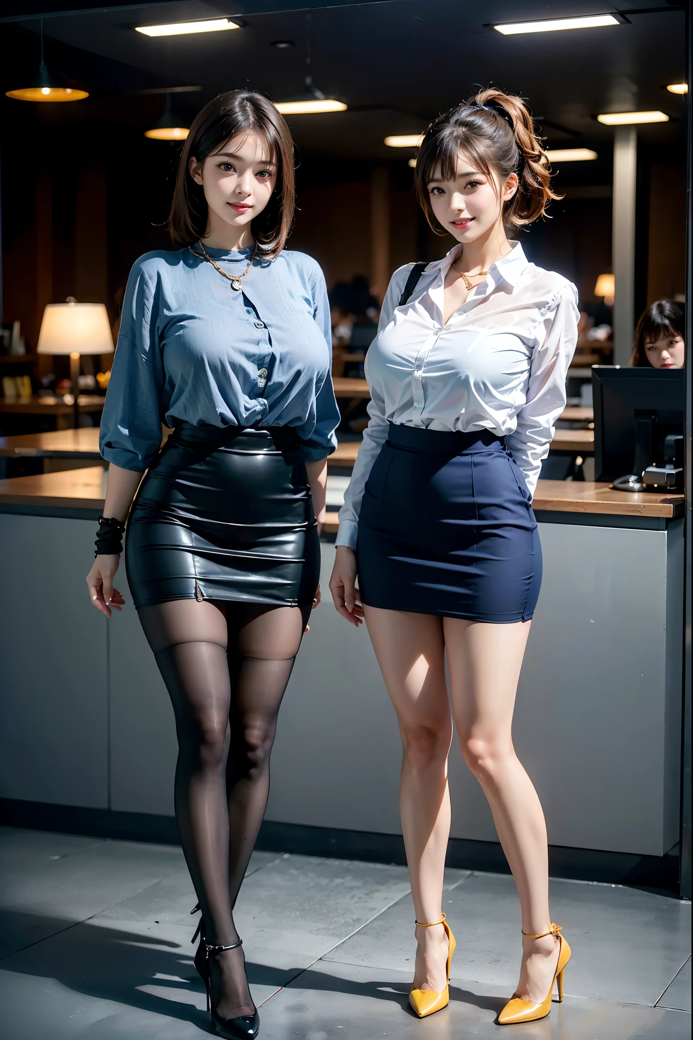 Two asian women in short skirts and high heels posing for a picture -  SeaArt AI