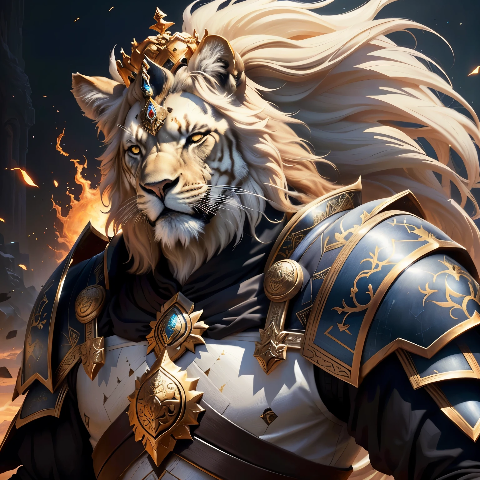 A closeup of a lion with a crown on its head, Senhor das Bestas, lion warrior, arte de fantasia detalhada, highly arte de fantasia detalhada, wlop intrincado, personagem de fantasia hiperdetalhado, arte digital de fantasia detalhada, Kerem couplet, sociedade cg ), usando armaduras de pele intrincadas, elegant cinematic fantasy art, Grande arte digital com detalhes, epic fantasy art style hd, pelos brancos, juba branca 