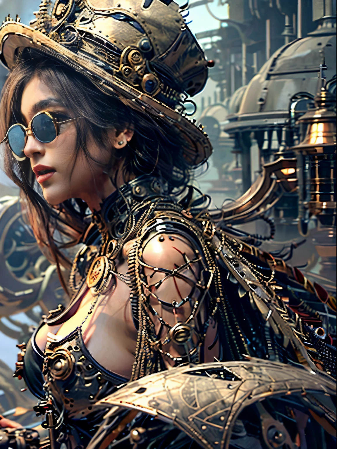 close up, beautiful woman in the hat and round steel gear, long black hair, round black sunglasses, steampunk clothing, victorian era, ((steampunk)), cinematography, crafted, elegant, meticulous, magnificent, maximum details, extremely hyper aesthetic, intricately detailed, cinematic lighting. 