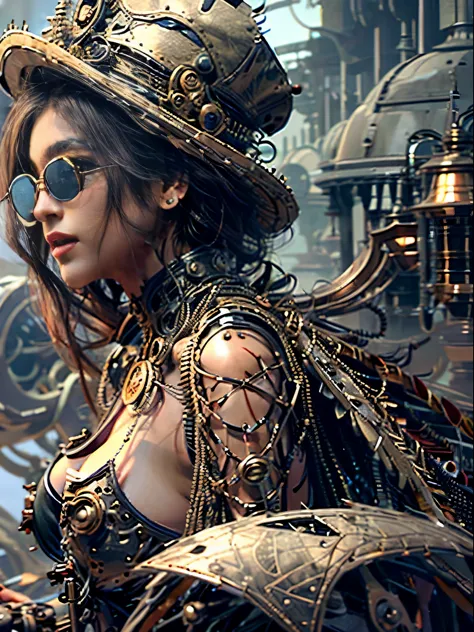 close up, beautiful woman in the hat and round steel gear, long black hair, round black sunglasses, steampunk clothing, victoria...