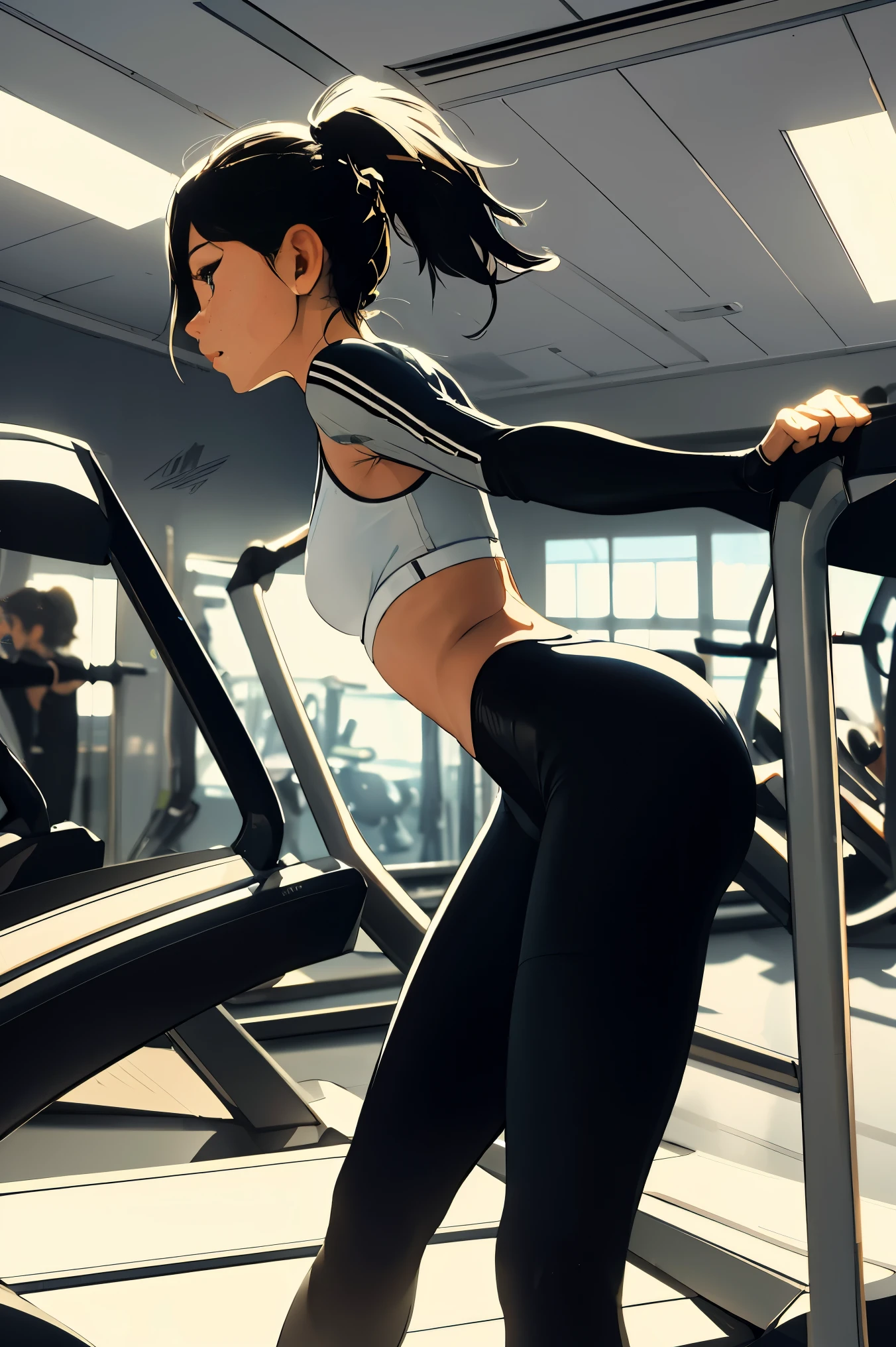 Anime girl in a sports bra top and leggings on a treadmill - SeaArt AI