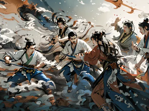 Painting of a group of men fighting with swords in a temple, three kingdoms of china, author：Yang Jie, g liulian art style, game...
