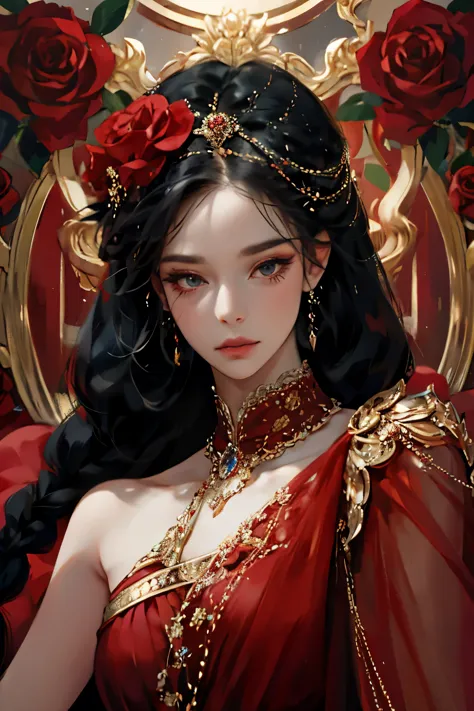 {masterpiece},{best quality},{1 girl}, noble, imperial red rose，Wearing a red rose hair ornament on the head，Astonishing, Beauti...