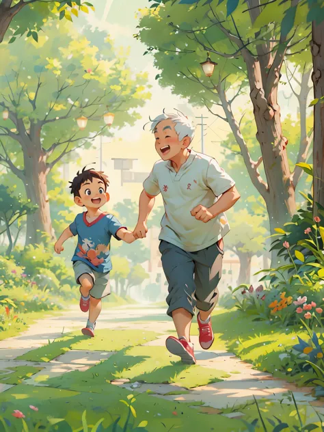 early morning，Little boy running in the park with grandpa，Happy, digital illustration, Illustration poster, Chinese style，