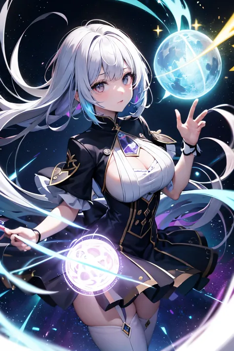 best quality, 32k, RAW photo, cute magical girl who can control darkness, control light, control water, control fire, control ea...